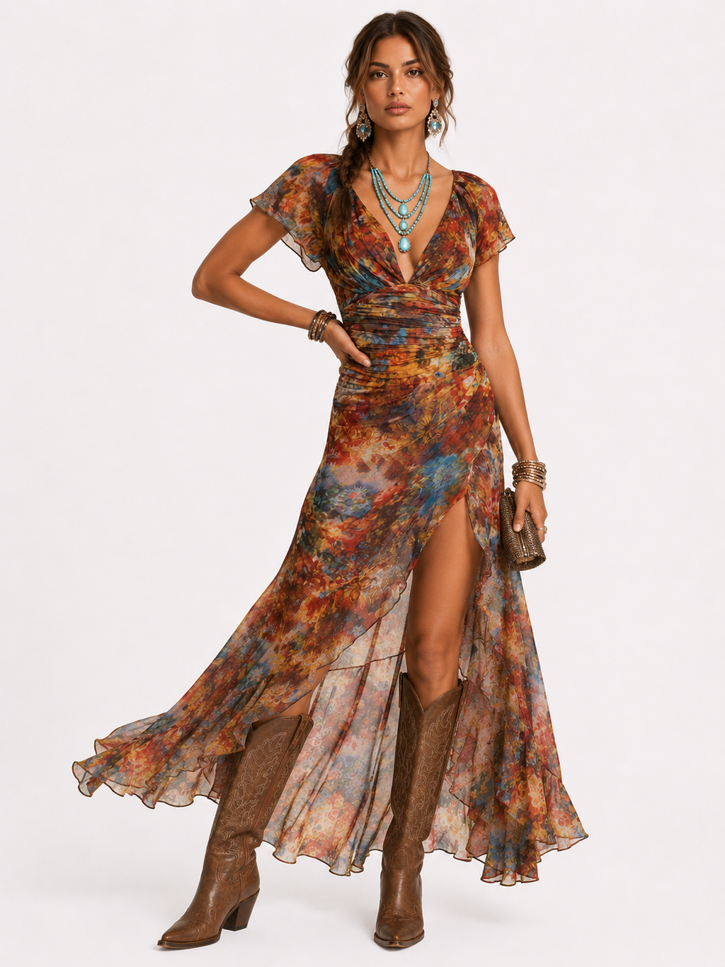 Sofía- Vestido estampado marrón