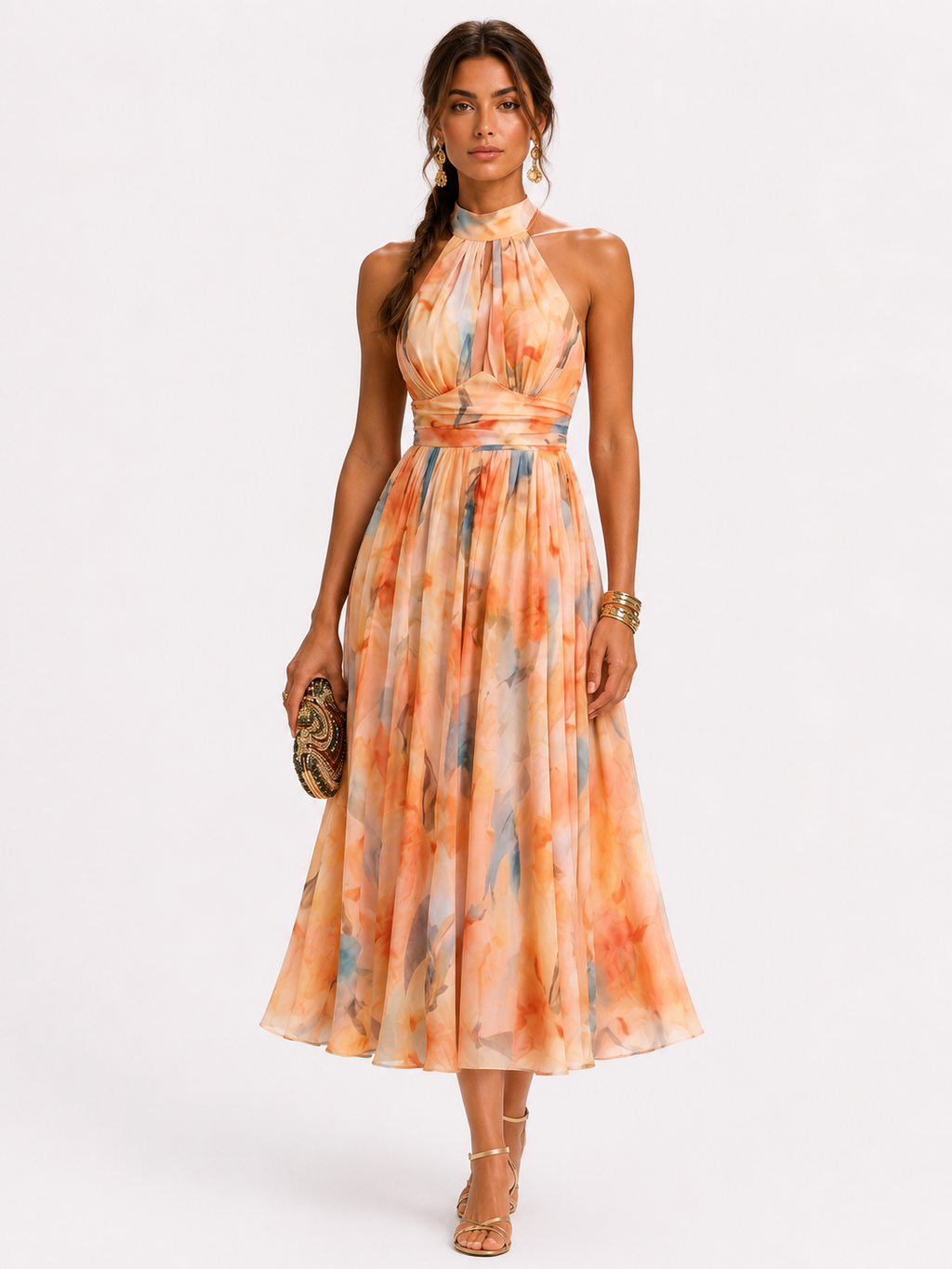 Clara- Vestido con estampado naranja