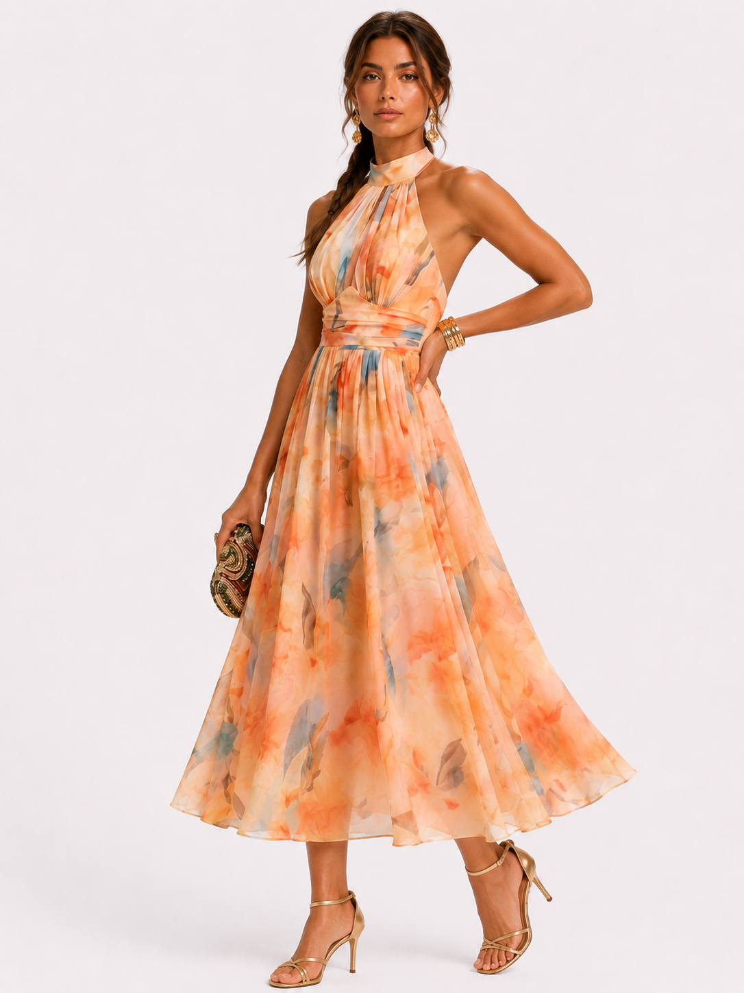 Clara- Vestido con estampado naranja